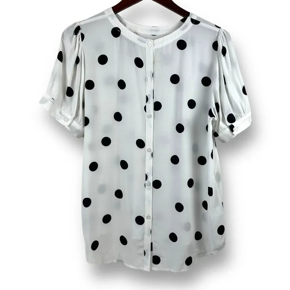 Loft Women's Size M Button Back Semi‎ Sheer Polka Dot Blouse Black White